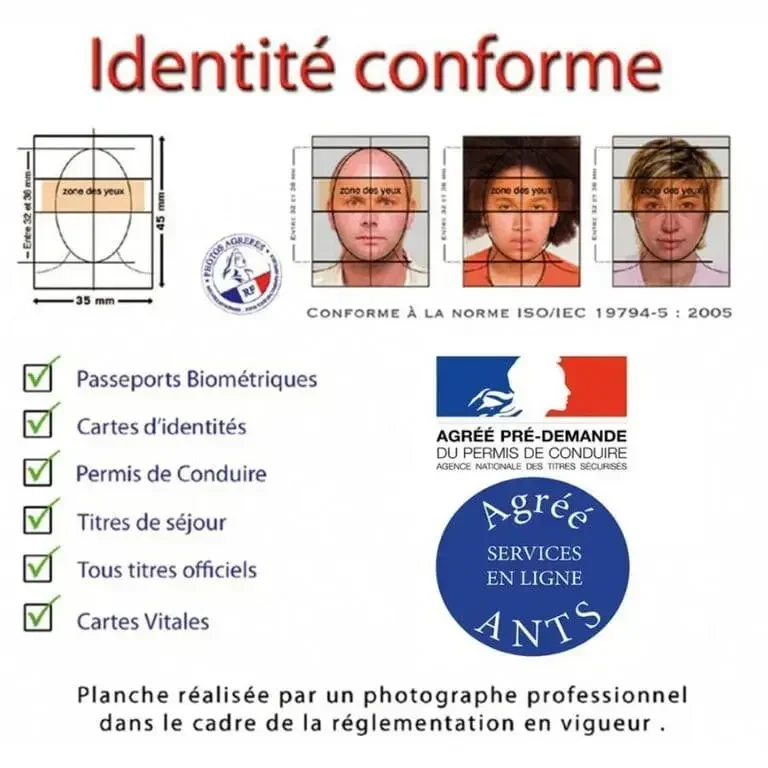 Exemple de photos d’identité conformes aux normes ISO/IEC 19794-5 : 2005, réalisées par un photographe agréé ANTS à Marseille pour passeport biométrique, carte d’identité, permis de conduire, titre de séjour, carte Vitale et autres documents officiels. studio photo "Germain Verhille Photographe"