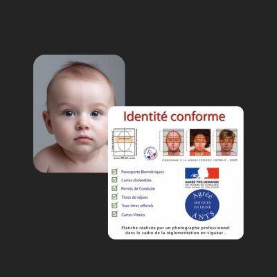 Image pour le service de photo d'identité bébé, avec exemple de photo de nouveau-né, bébé, nourrisson chez le photographe Germain Verhille à Marseille — spécial nouveau-né, nourrisson, enfants — image montrant un bébé en gros plan et une planche d’explication des critères de conformité pour passeport, visa, carte d'identité, DCEM, photo scolaire, ANTS ; formats disponibles en planche de 4 ou planche de 6 photos. Service proposé sans rendez-vous ou avec réservation en ligne