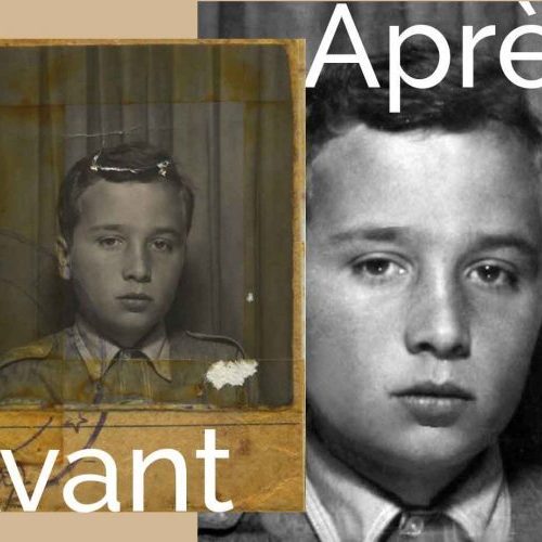 Avant/après d’une restauration de photo ancienne abîmée, illustrant le service de retouche photo proposé par Germain Verhille Photographe à Marseille. Restauration numérique d’une photographie endommagée pour retrouver les détails du visage et redonner vie aux souvenirs familiaux.
